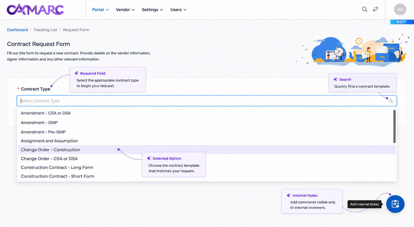 CAMARC guided contract request form with validation and workflow fields.